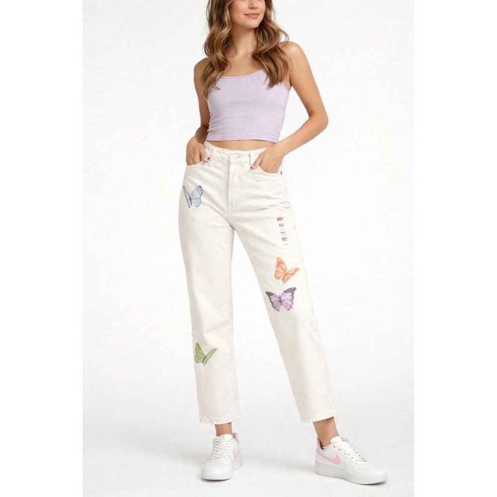 Levi's 501 Jeans Womens 25x28 White Butterfly Print Straight Leg Denim NWOT